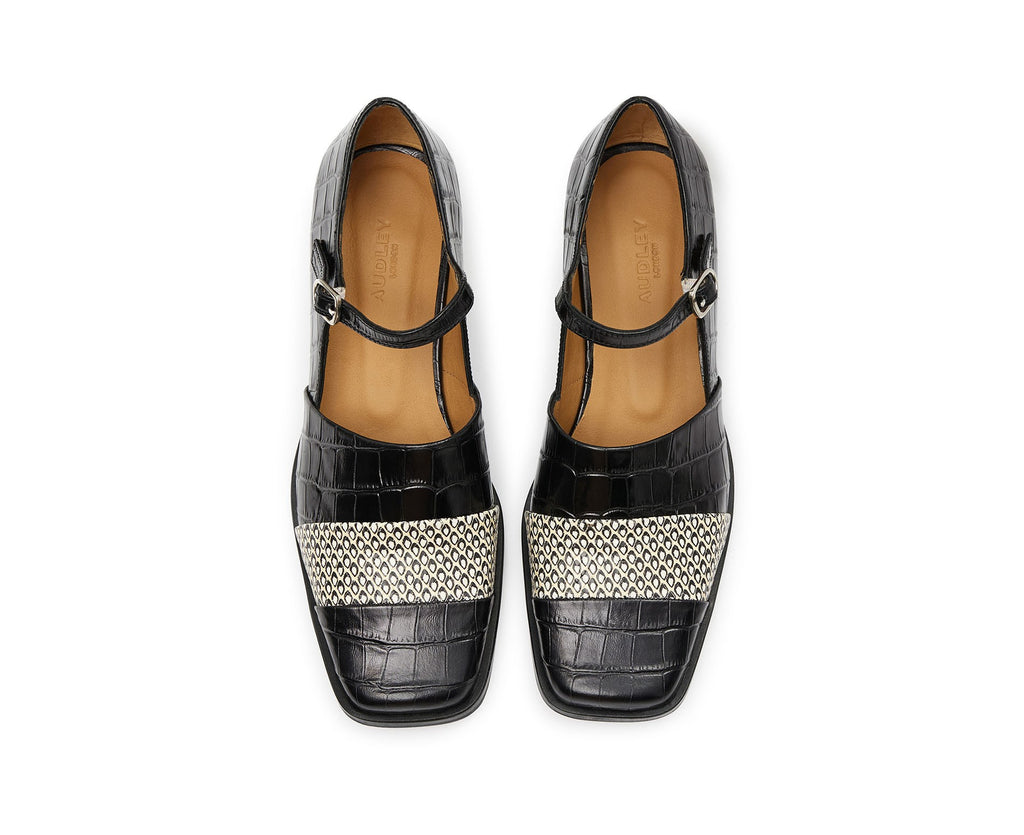 Zapato de mujer en piel con tacón bajo. Kisa