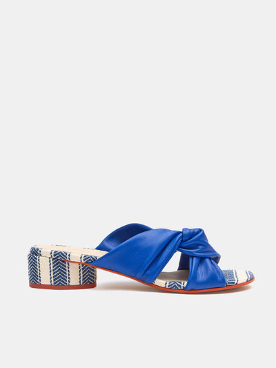 Women's leather low-heeled sandals. Navy
